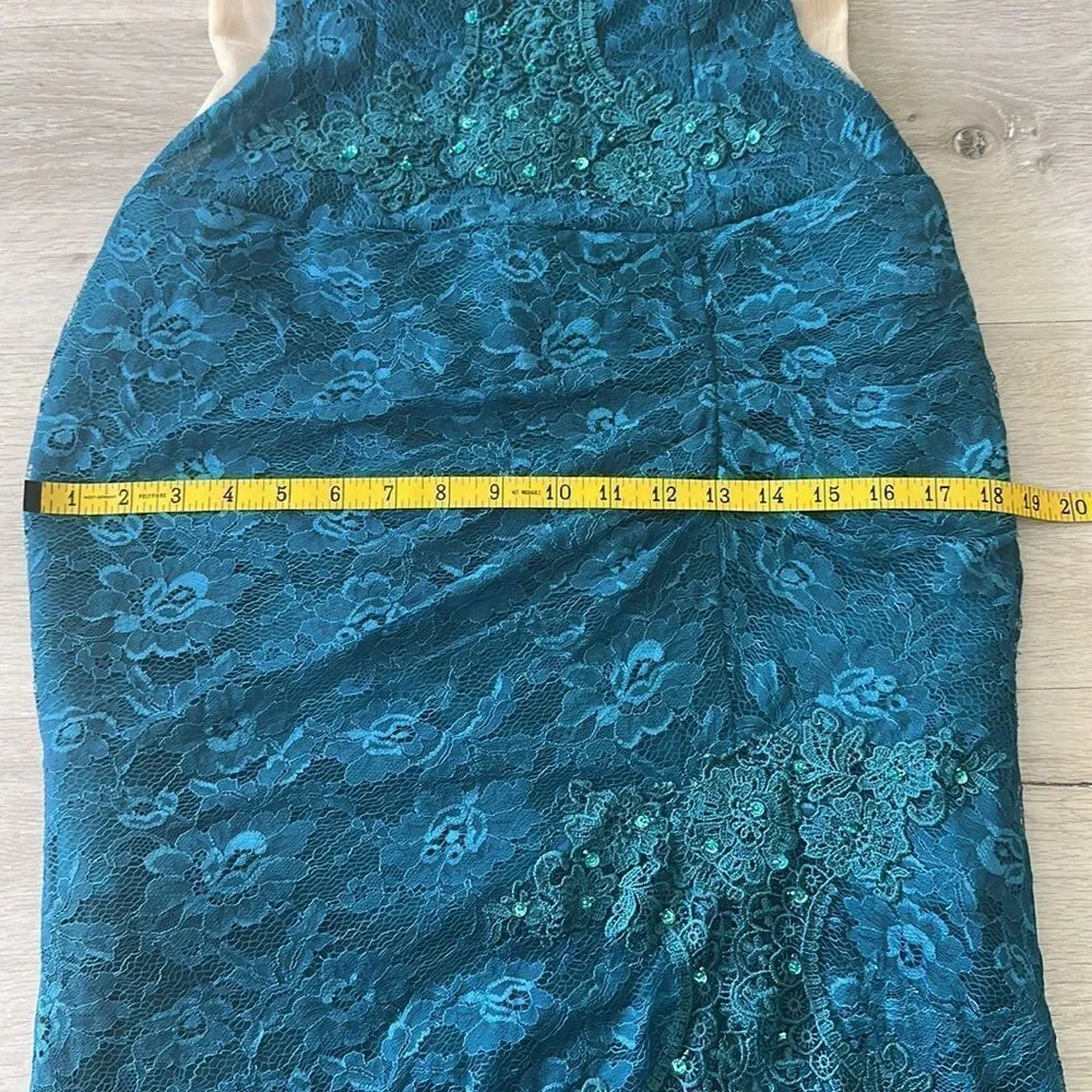 Elegant Lace and Sequined Dress Teal/Nude NWOT